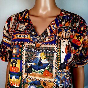 Halloween Themed Scrub Top Size Medium 100% Cotton Knot Us Brand